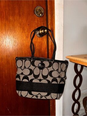 Coach Canvas Tote in Black and Gray Signature Print